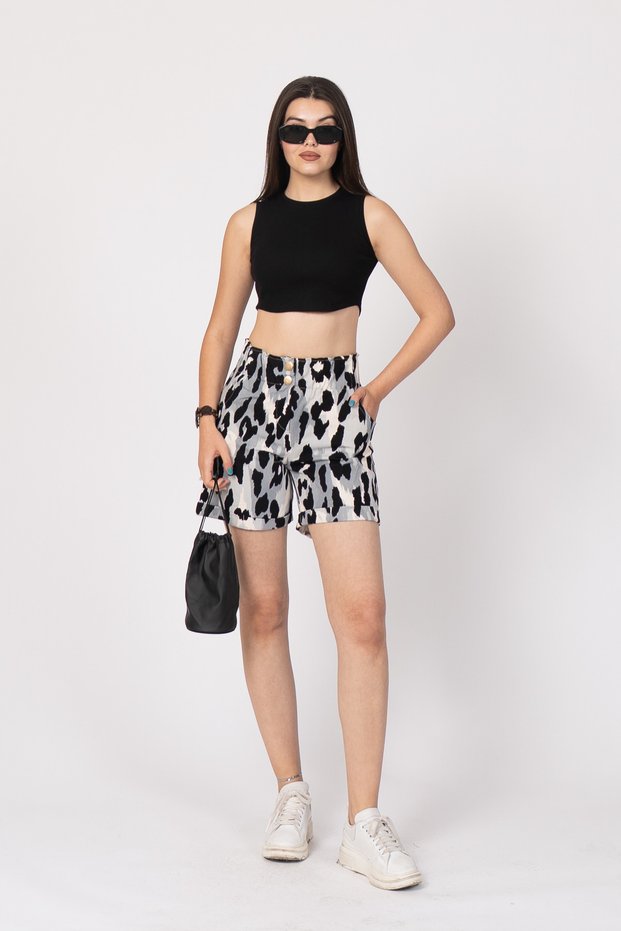 Women's Summer Gray Melange Shorts & Bermuda Elastic Waist and Buttoned Denim Gabardine High Waist with Pockets 30160