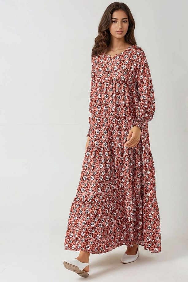 Desenli Yuvarlak Yaka Viskon Modest Elbise - 3