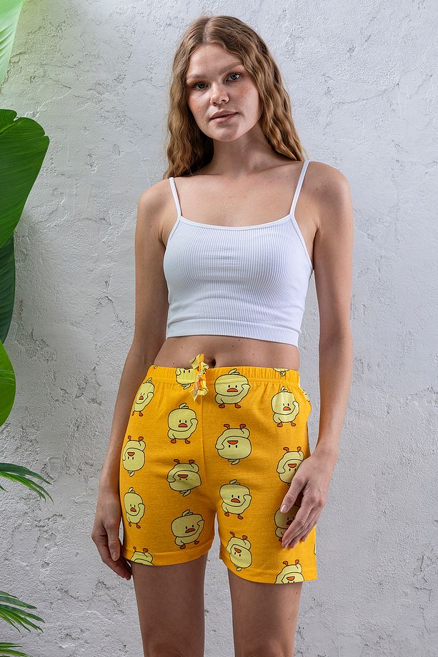 Kadın Beli Lastikli Desenli Şort Pijama Altı Sarı - 2027 - 4