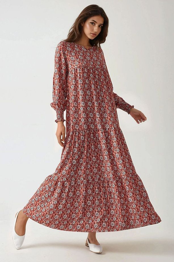 Desenli Yuvarlak Yaka Viskon Modest Elbise - 2