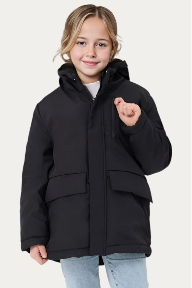 Girl's black furry inside water and windproof hooded 3 pocket winter coats & coat & parka