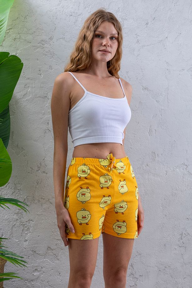Kadın Beli Lastikli Desenli Şort Pijama Altı Sarı - 2027 - 2
