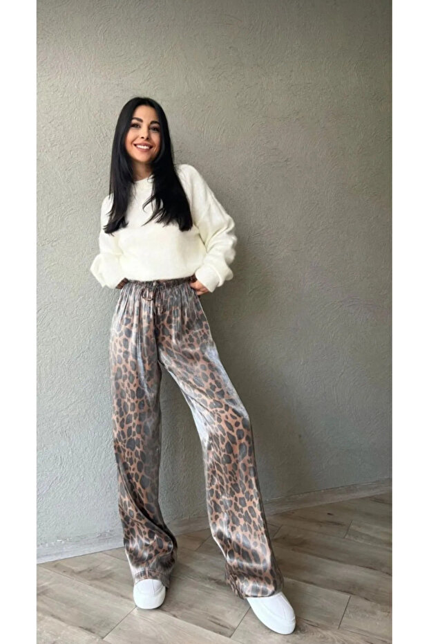 Leopar desenli bol paça pantolon - 1