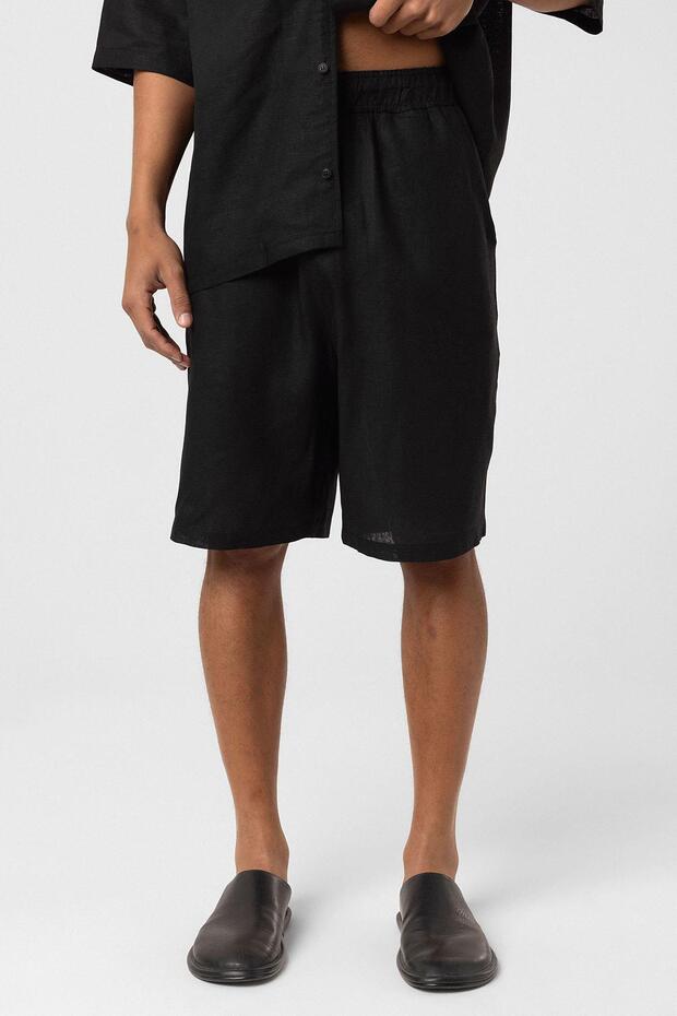 Oversize Keten Şort Siyah - 4
