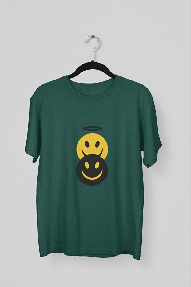 Men/Women - Double Smiling Face - Transfer Printed Round Neck Short Sleeve T-Shirt