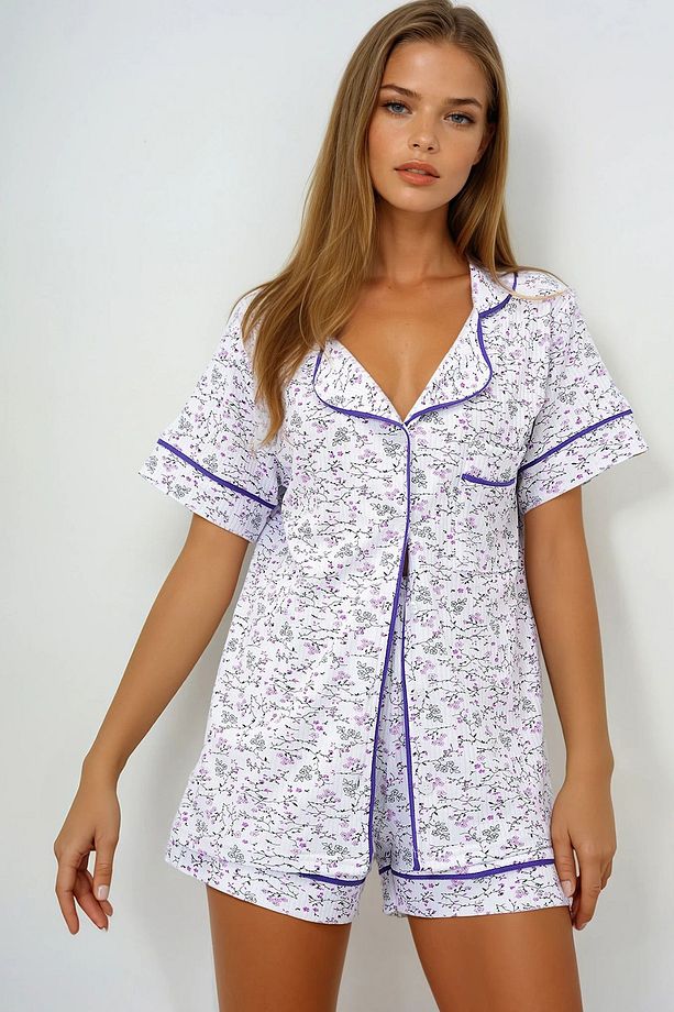 Kadın Mikro Çiçek Mor Tek Cepli Biye Detaylı Pamuklu Gömlek Ve Şortlu Pijama Takımı Pjmx13911 - 3