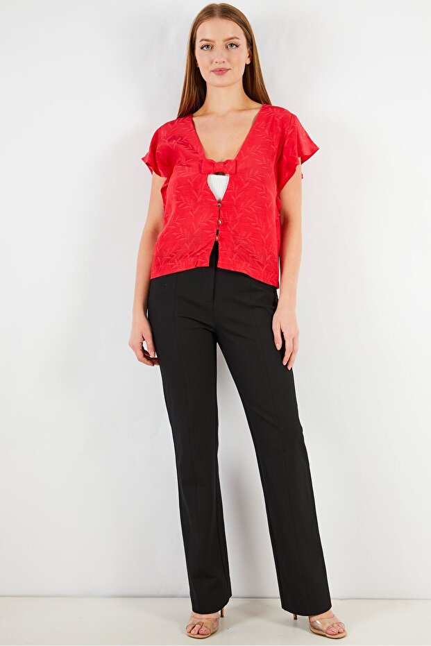 Women Split Neck Flutter Sleeve Embroidered Top, Red - 2