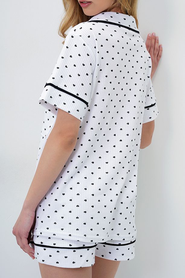 Kadın Mini Kalp Siyah Tek Cepli Biye Detaylı Pamuklu Gömlek Ve Şortlu Pijama Takımı Pjmx13911 - 5