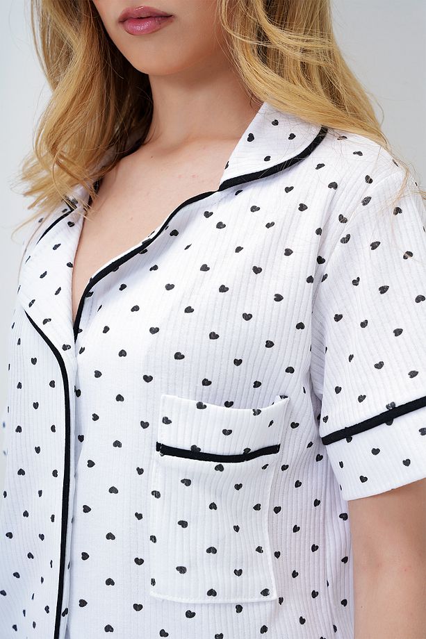 Kadın Mini Kalp Siyah Tek Cepli Biye Detaylı Pamuklu Gömlek Ve Şortlu Pijama Takımı Pjmx13911 - 4