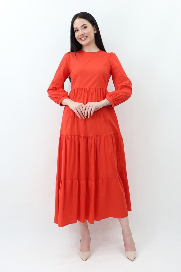 Fırfırlı Poplin Elbise 70148 - Mercan - 1