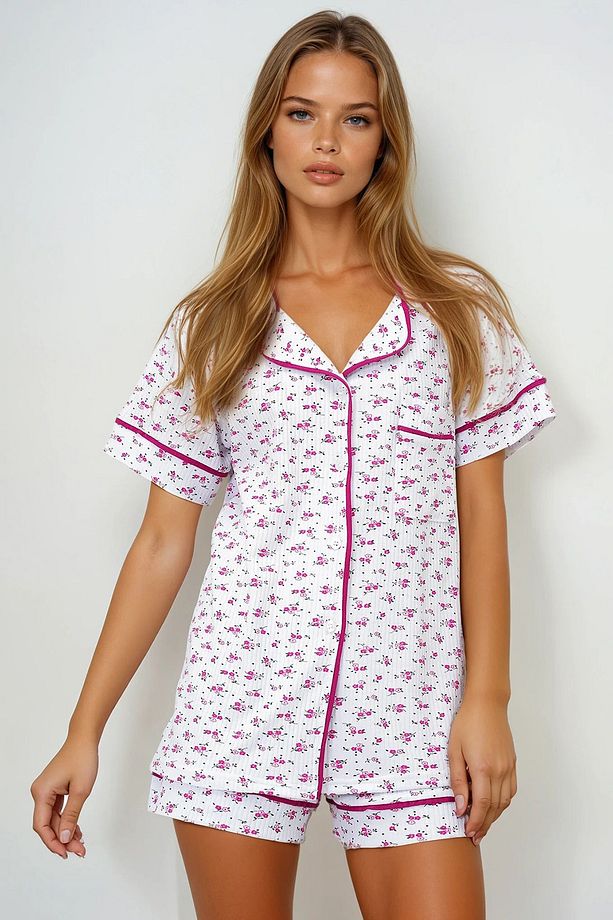 Kadın Papatya Desen Fuşya Tek Cepli Biye Detaylı Pamuklu Gömlek Ve Şortlu Pijama Takımı Pjmx13911 - 3