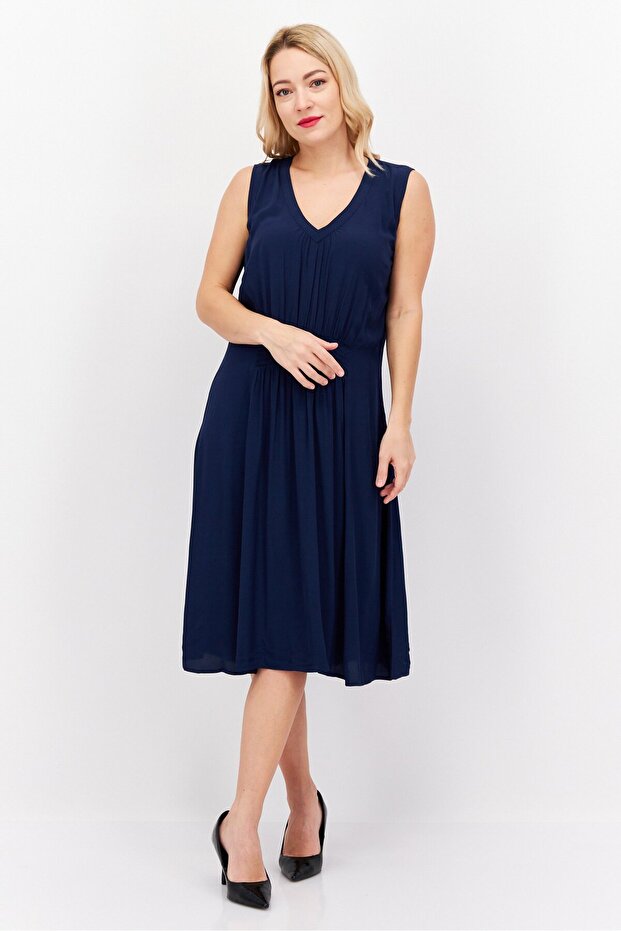 Women Plain Midi Dress, Navy