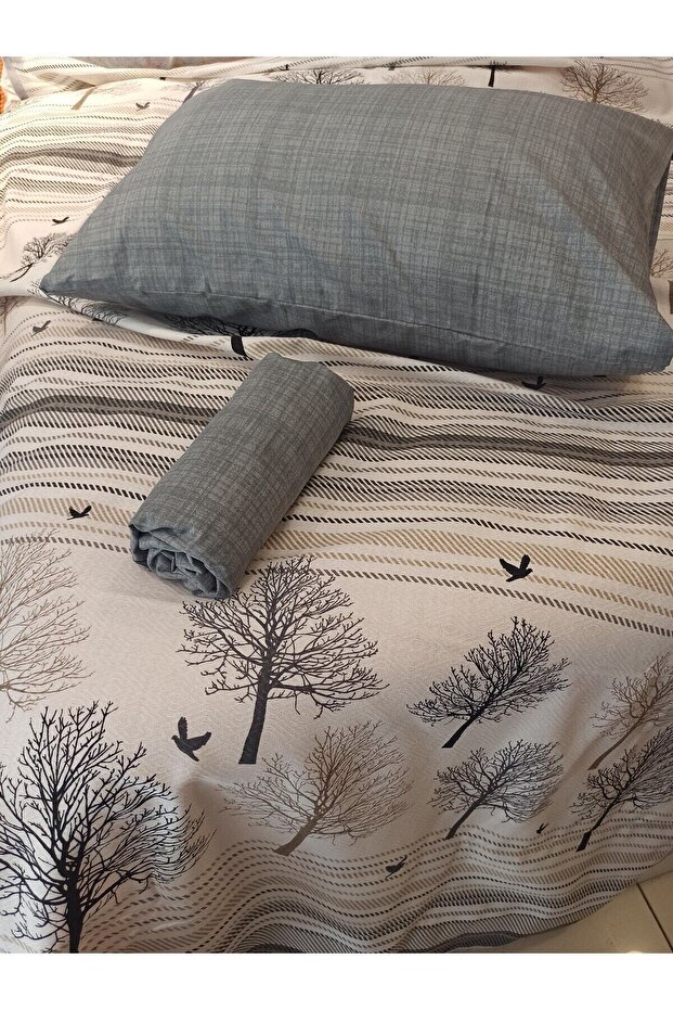New Tree of Life Patterned Bed Sheet with Elastic Single Pique Set - Gray - 2