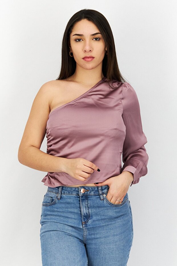 Women Asymmetrical Neck One Shoulder Solid Top, Lilac