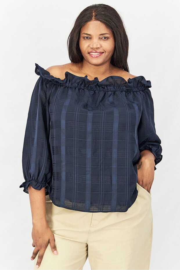 Women Plus Size Off Shoulder Long Sleeves Textured Top, Navy
