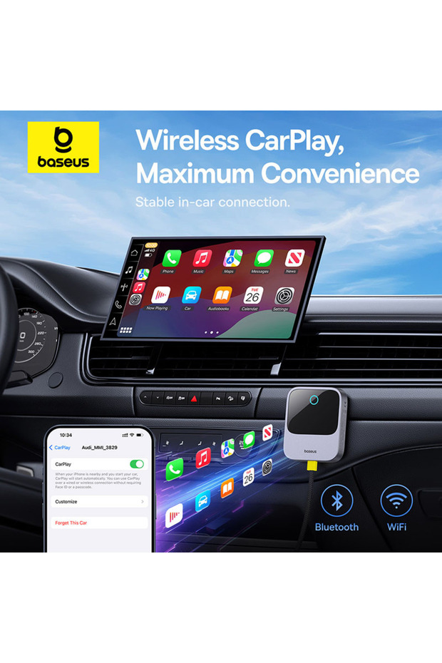Seamless Wireless CarPlay Adapter for iPhone – Plug & Play, Bluetooth, USB-C - Grey - 3