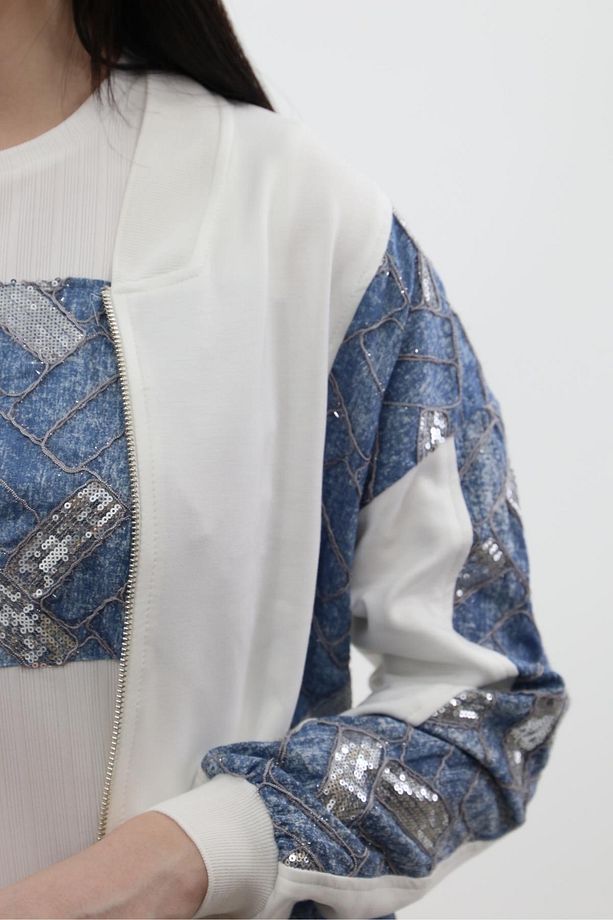 Denim Detaylı Pul İşlemeli Fermuarlı Takım 2777-TCP - Ekru-Mavi - 5