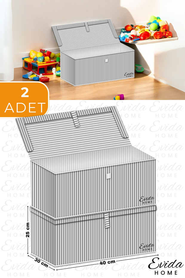 2Pcs Mini Multi-Purpose Storage Box, Toy Box, Organizer, Box Hurç Gray Striped Pattern 40X30X25
