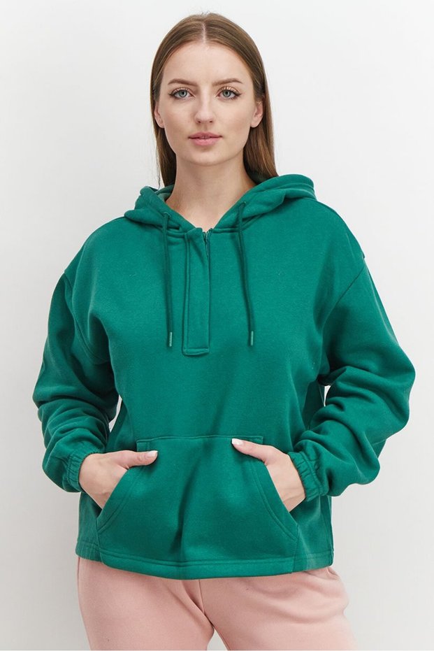 Women Sportswear Fit Hooded Plain Outdoor Sweatshirt, Green