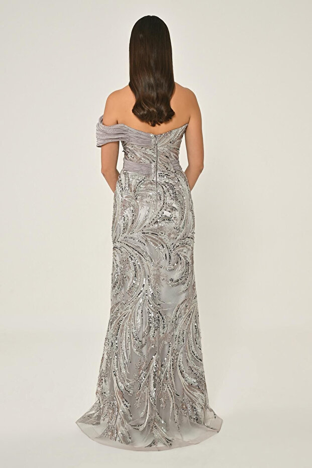 Alfa Beta Single Off-Shoulder Side Slit Sequin Long Evening Dress