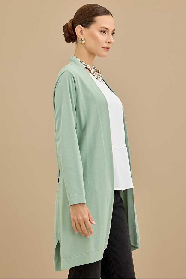 Beli Kemerli Rayon Basic Hırka MİNT - 2
