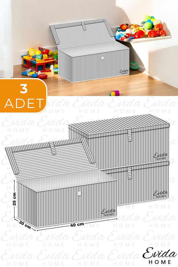 3 Adet Mini Çok Amaçlı Saklama Kutusu,oyuncak Kutusu,organizer,kutu Hurç Gri Çizgili Desen 40x30x25 - 1