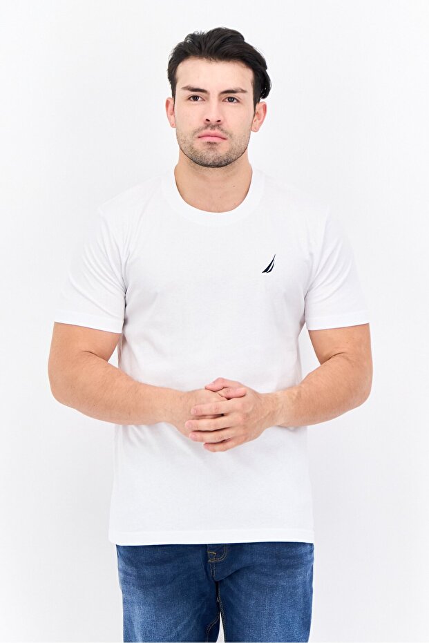 Men Crew Neck Short Sleeves Embroidered Logo T-shirt, White