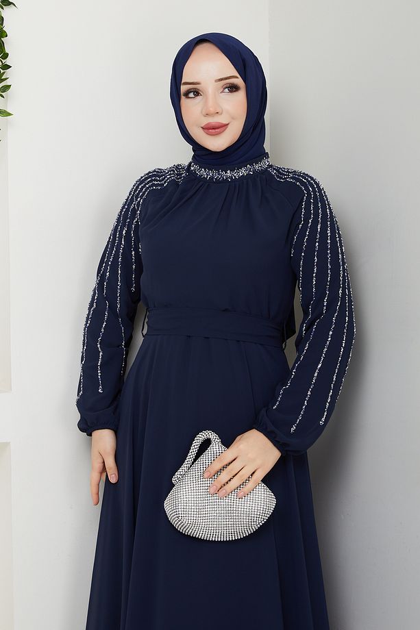Kadın Kolu Taşlı Astarlı Şifon Elbise - 7