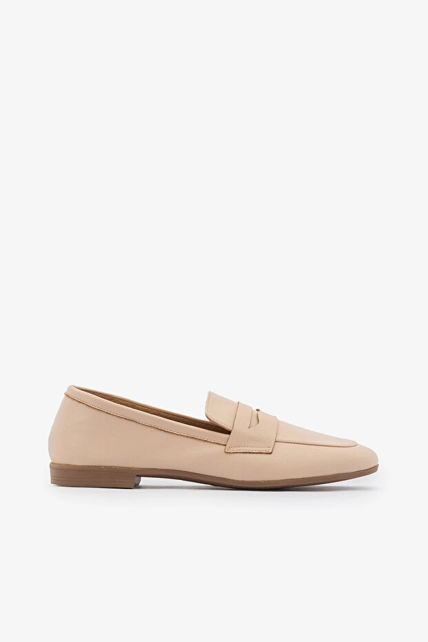 Beige Genuine Leather Stitched Women's Loafer Shoes