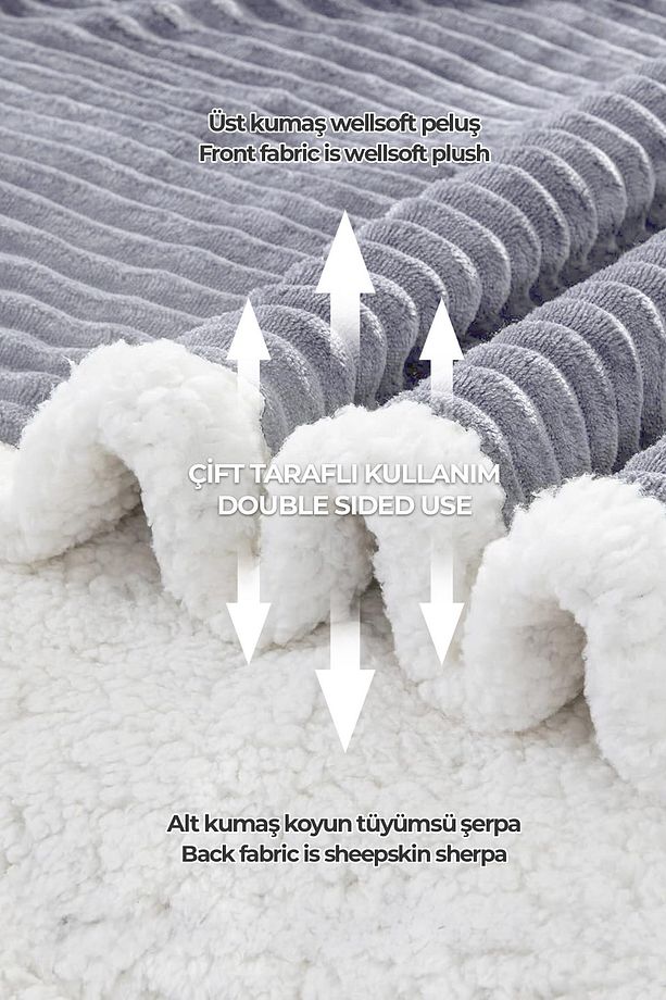 Sherpa Tv Battaniye Tek Kişilik Çizgili Yumuşak Peluş Wellsoft Yatak Örtüsü Gri - 4