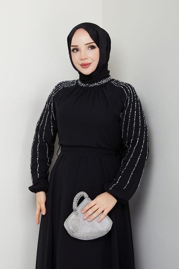 Kadın Kolu Taşlı Astarlı Şifon Elbise - 7