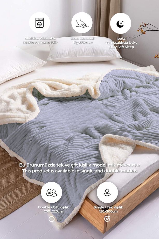 Sherpa Tv Battaniye Tek Kişilik Çizgili Yumuşak Peluş Wellsoft Yatak Örtüsü Gri - 3
