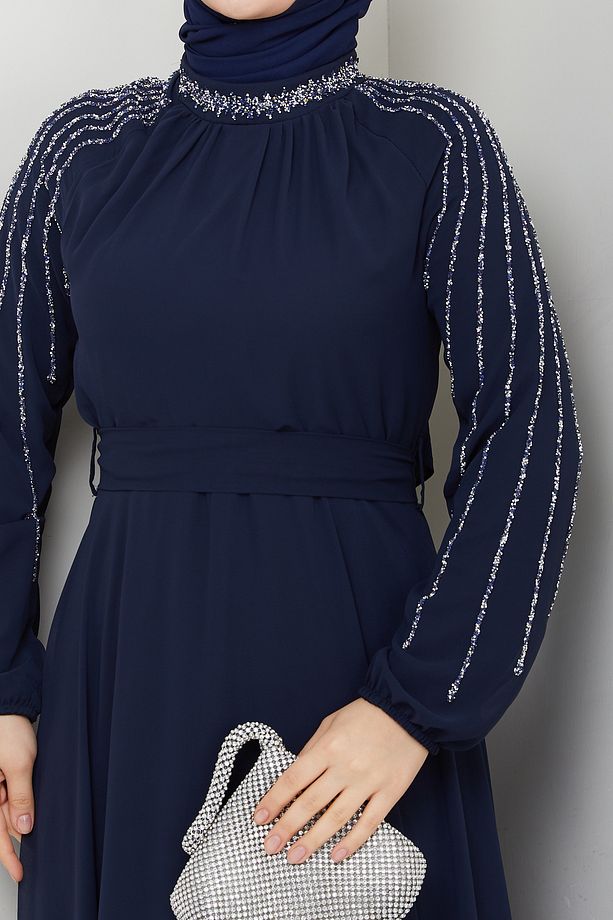 Kadın Kolu Taşlı Astarlı Şifon Elbise - 8