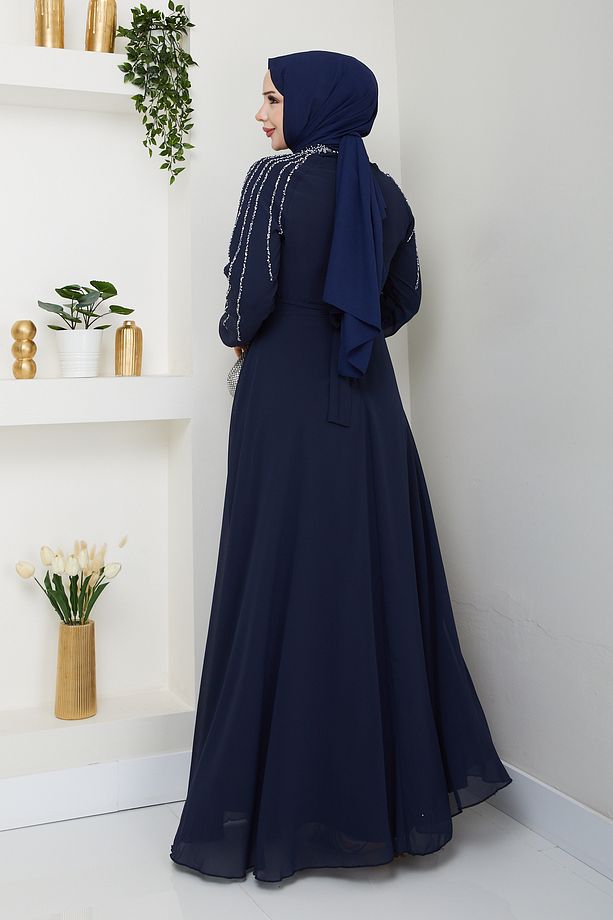Kadın Kolu Taşlı Astarlı Şifon Elbise - 5