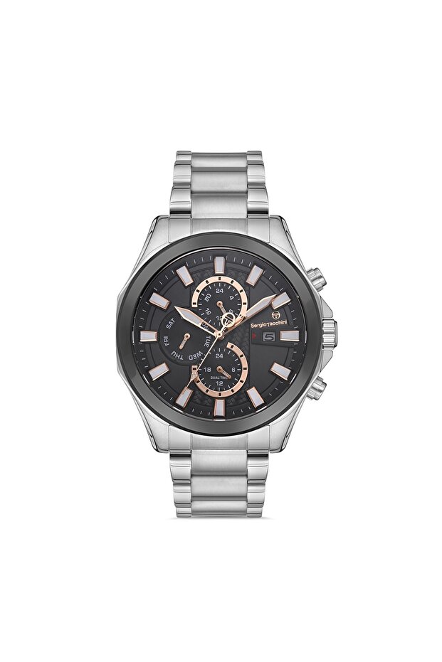 Men's Silver-Navy Blue Steel Case Round Dial Metal Band Wristwatch Quartz Movement Analog Display