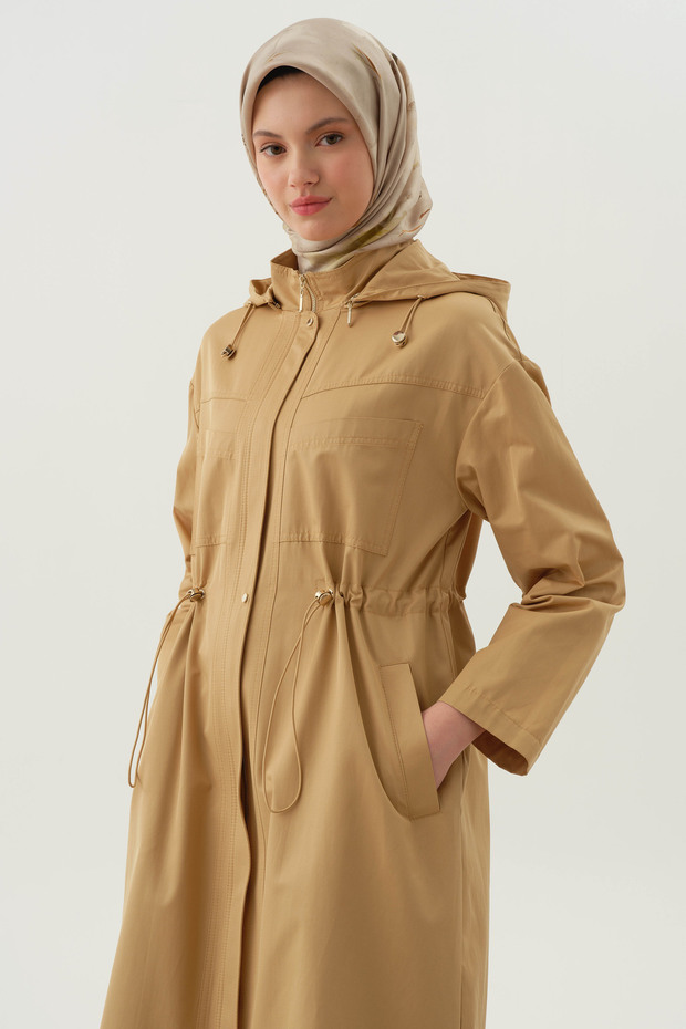 Kapüşonlu Cep Detaylı Kap - Camel - 3