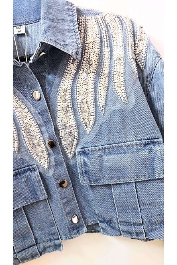 Dalgalı Payet İşlemeli Kısa Denim Mont - 5