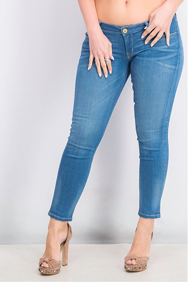 Women Belt Loops Plain Skinny Jeans, Blue
