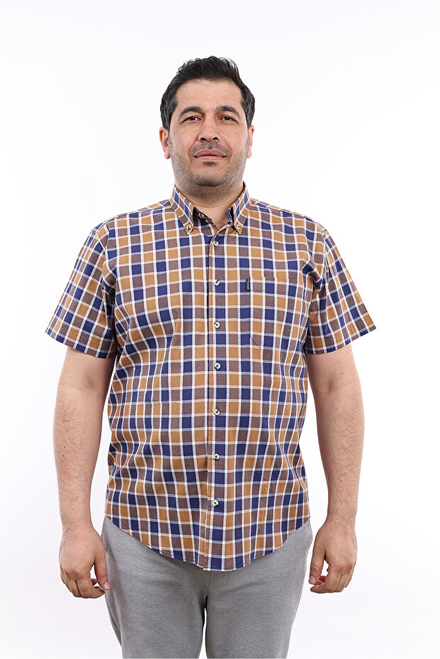 Men's Large Size Navy Blue-Brown Plaid Lycra Buttoned Collar Short Sleeve Shirt KK-8024-TSS