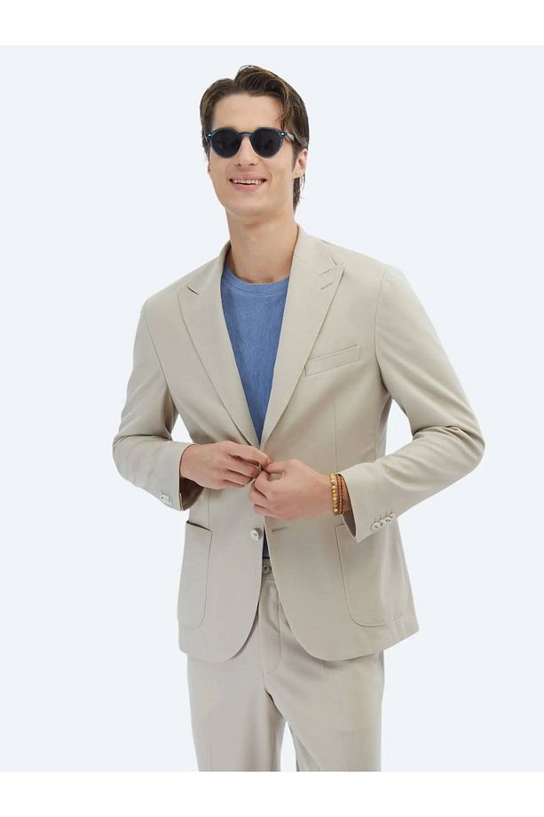 Bej Düz Modern Fit %100 Pamuk Torba Cep Kruvaze Yaka Örme Takım Elbise - 3