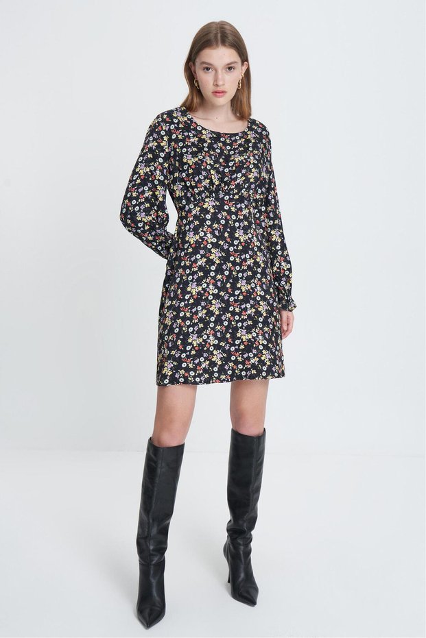 Women Multi Color Floral Print Long Sleeve a Form Mini Dress