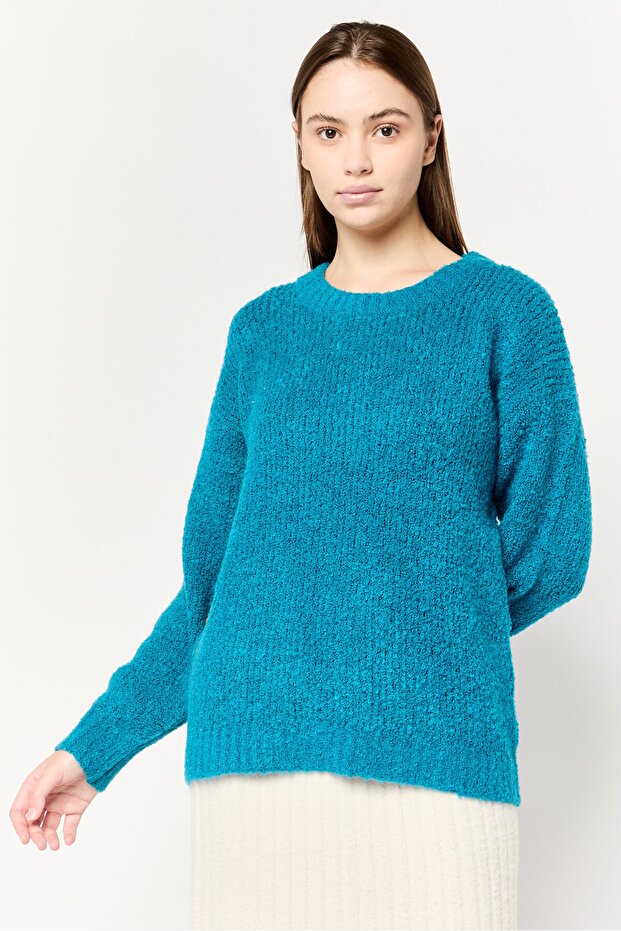 Women Ribbed Collar Knitted Sweater, Teal Blue