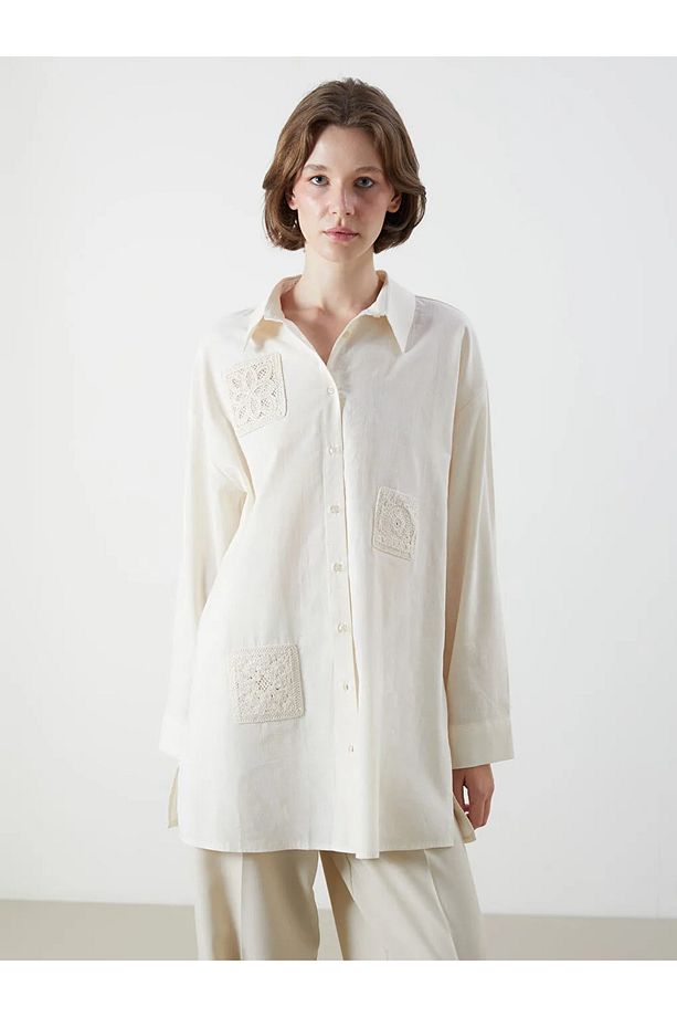 LCW Modest Ekru Nakışlı Oversize Kadın Gömlek Tunik - 1