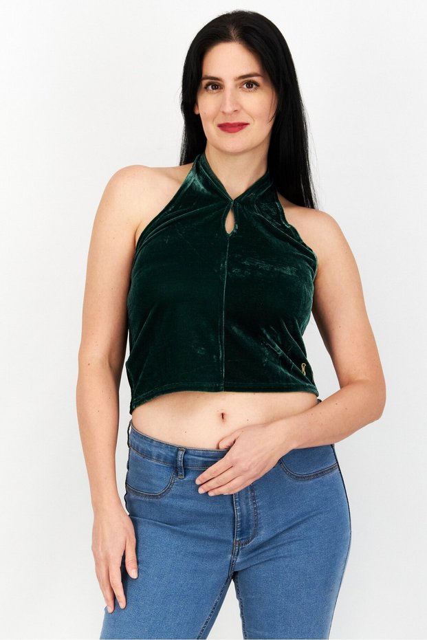 Women Velvet Halter Neck Sleeveless Top, Green