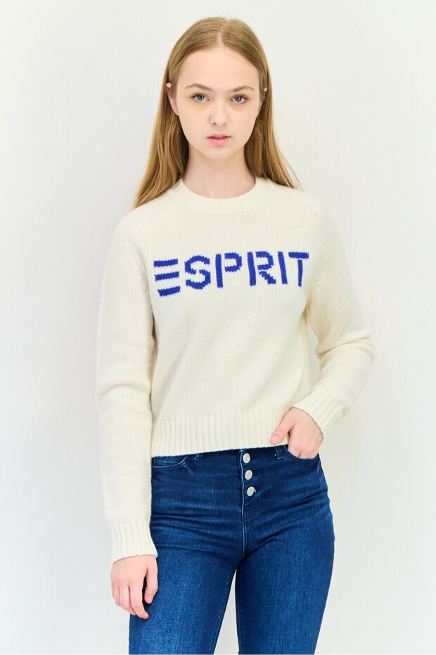 Women Crew Neck Brand Logo Sweater, Ivory