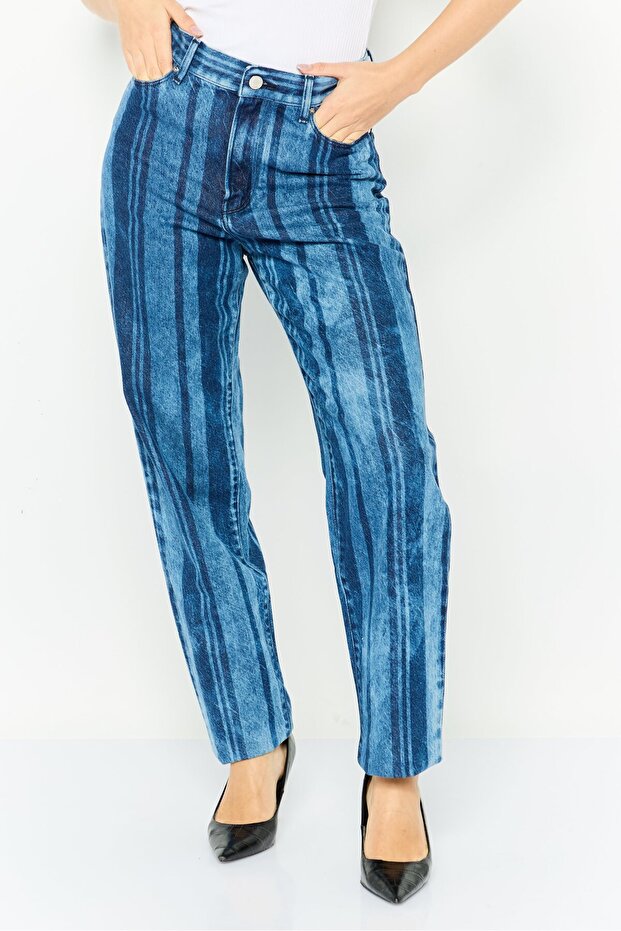Women Regular Fit Striped Non Stretchable Jeans, Dark Blue