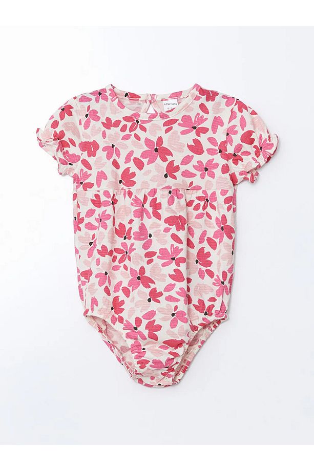 LCW baby Ekru Bisiklet Yaka Çiçekli Kız Bebek Çıtçıtlı Bodysuit - 1