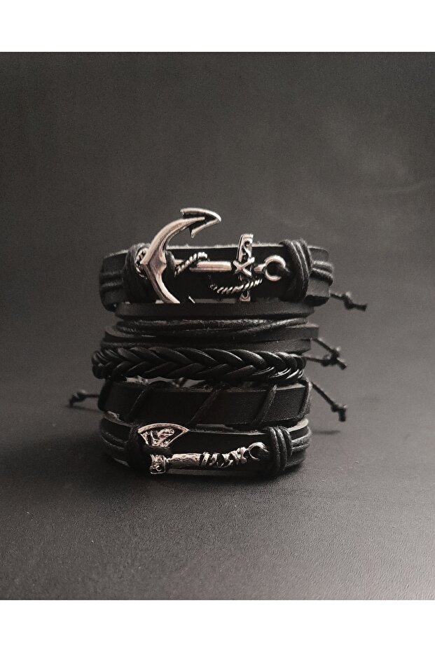 5-Piece Premium Black Genuine Leather Bracelet with Sailor Anchor and Nordic Ax Figure