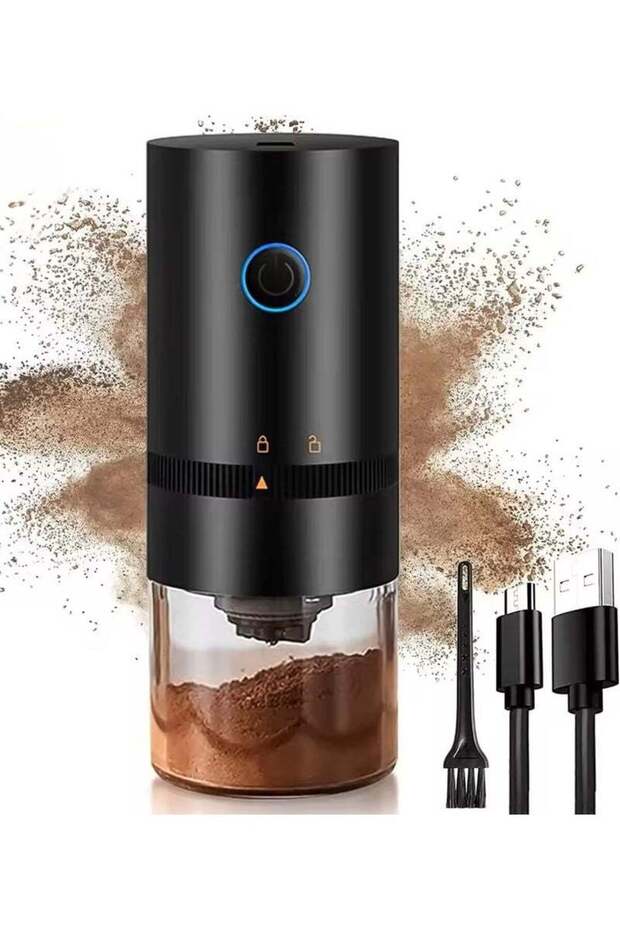 مطحنة قهوة كهربائية محمولة قابلة لإعادة الشحن بمنفذ USB C باللون الأسود