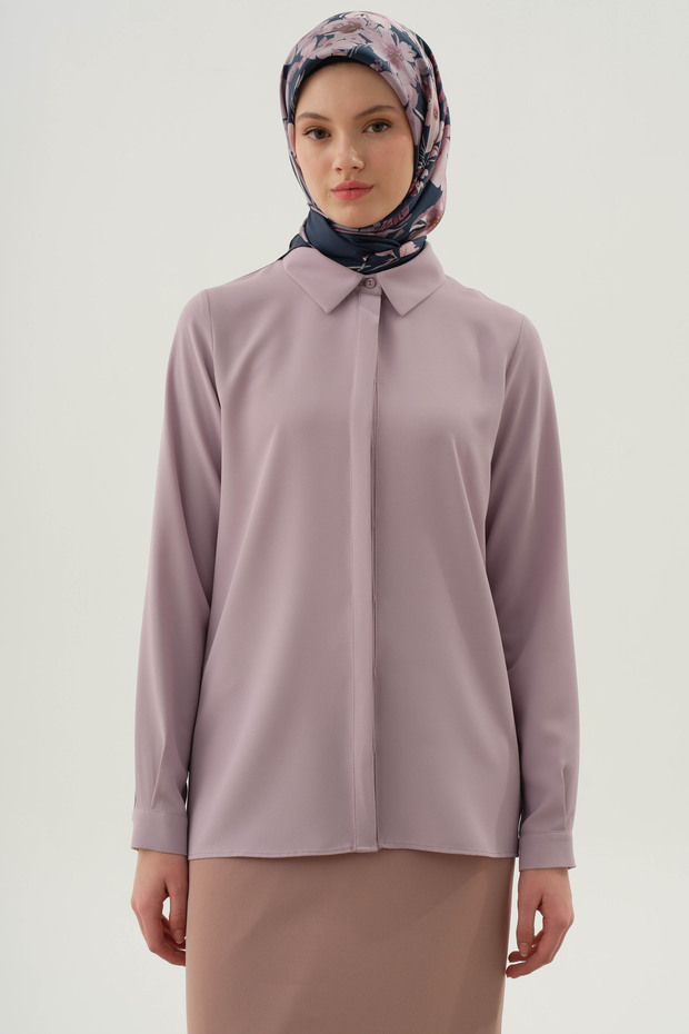 Basic Gizli Patlı Gömlek - Lila - 2